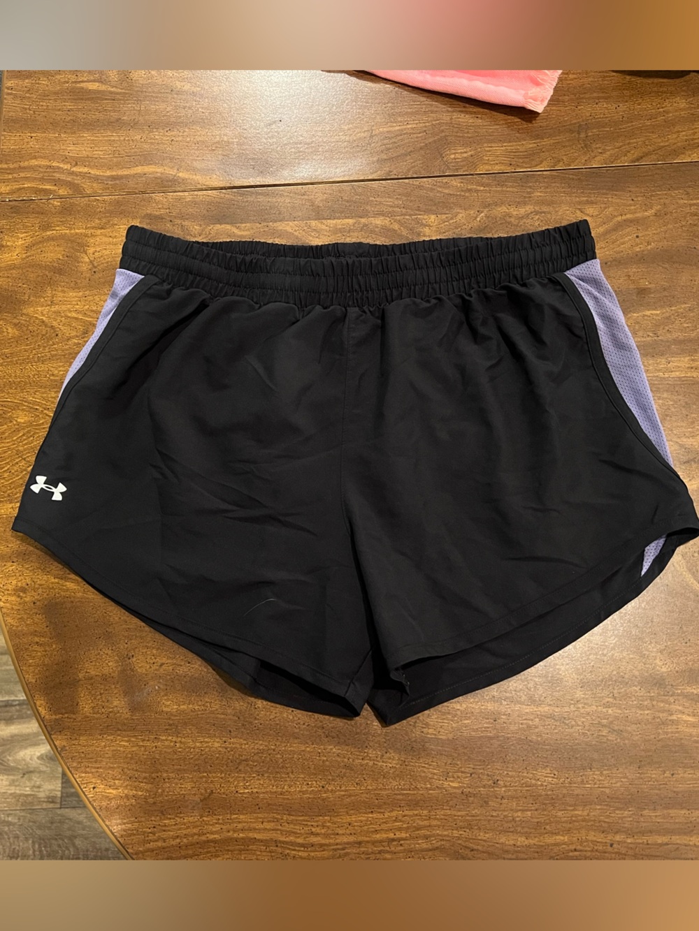 Under Armour Black Shorts with Lavender Side Panels— Size Medium